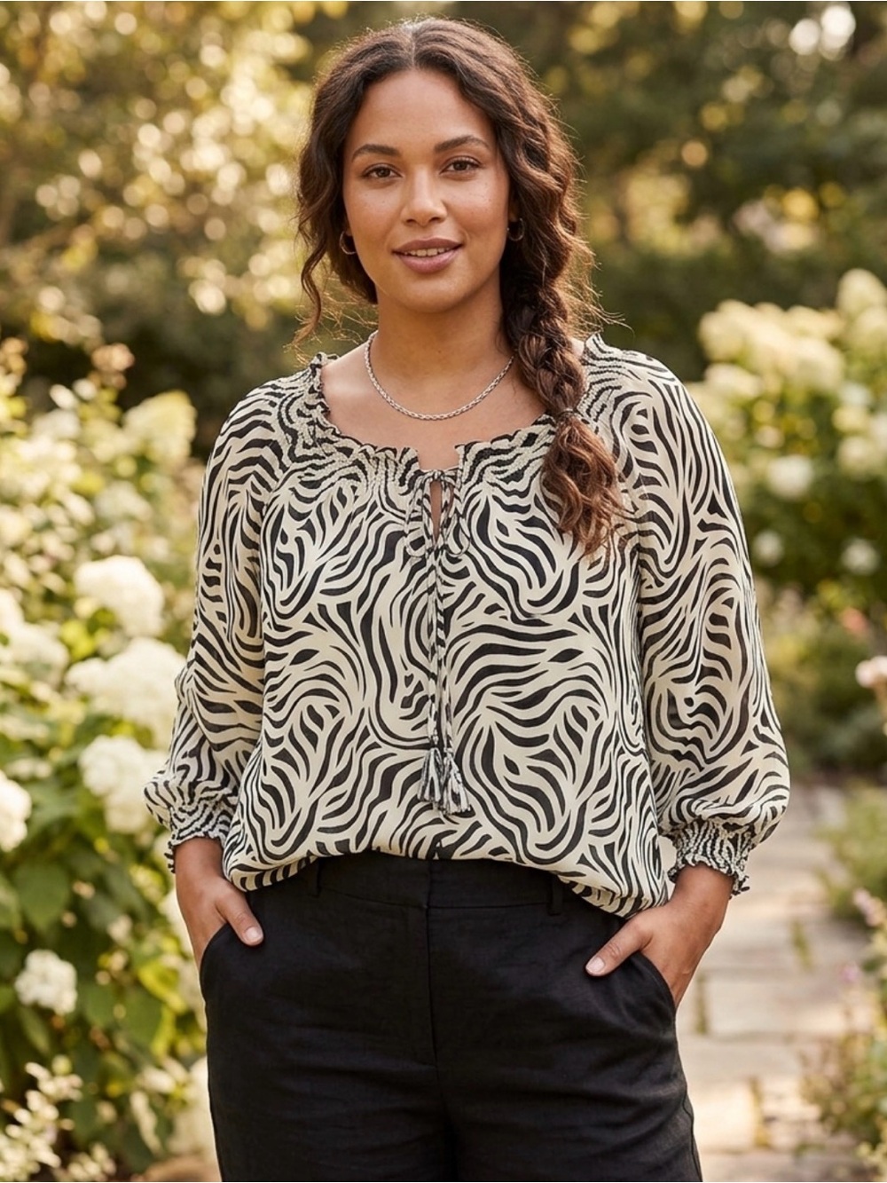 East 5th Black & White Zebra-Print Tie-Neck Blouse